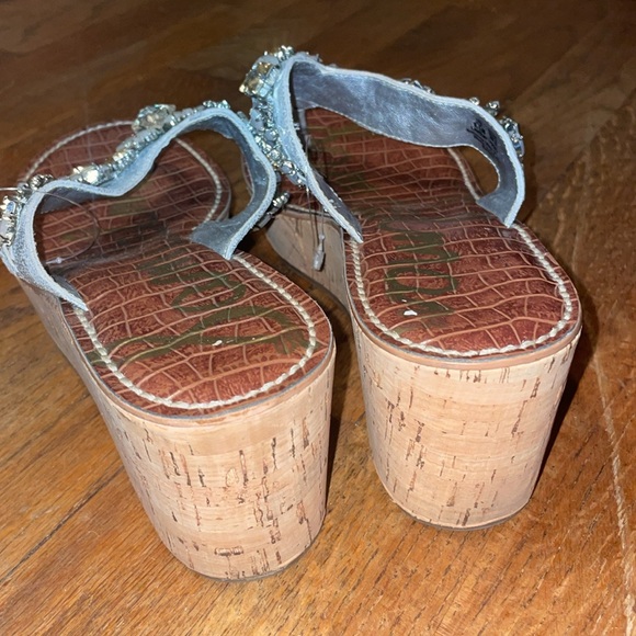 •SAM EDELMAN•LIKE NEW BEJEWELED SILVER LEATHER RANDI CORK WEDGE THONG SANDAL 8.5 - Picture 6 of 9